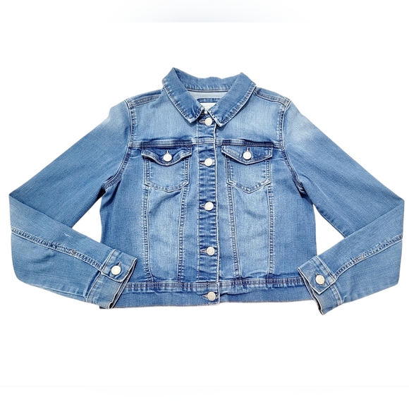 Wax Jean Trucker Denim Jacket Womens Size Medium Stretch Cropped Medium Wash - Picture 2 of 12